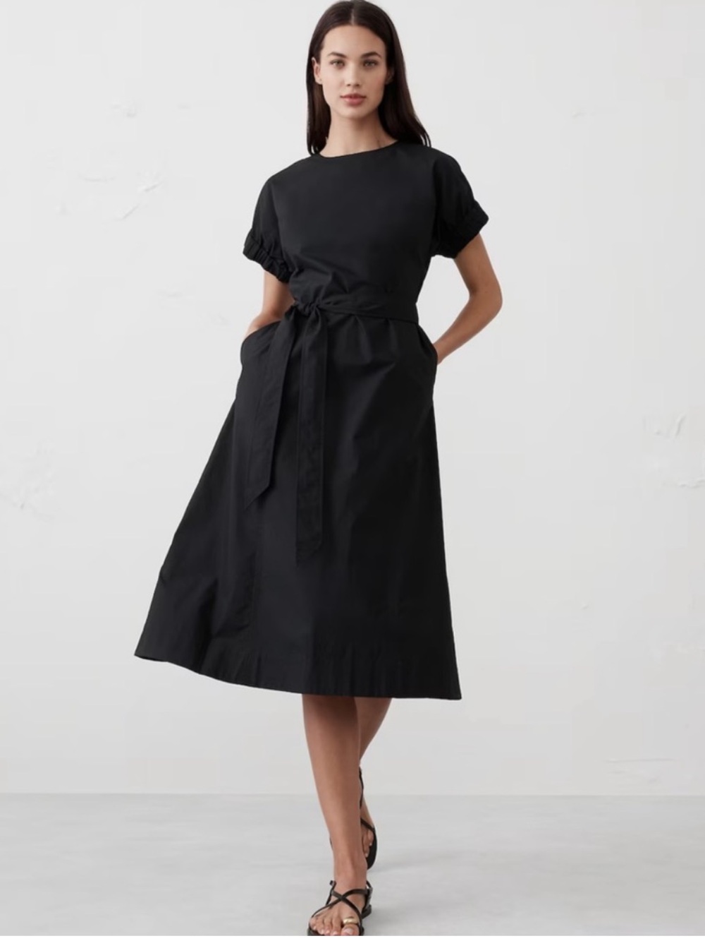 Banana Republic Poplin Dress Short Sleeve Tie waist Black Midi Pockets Size L